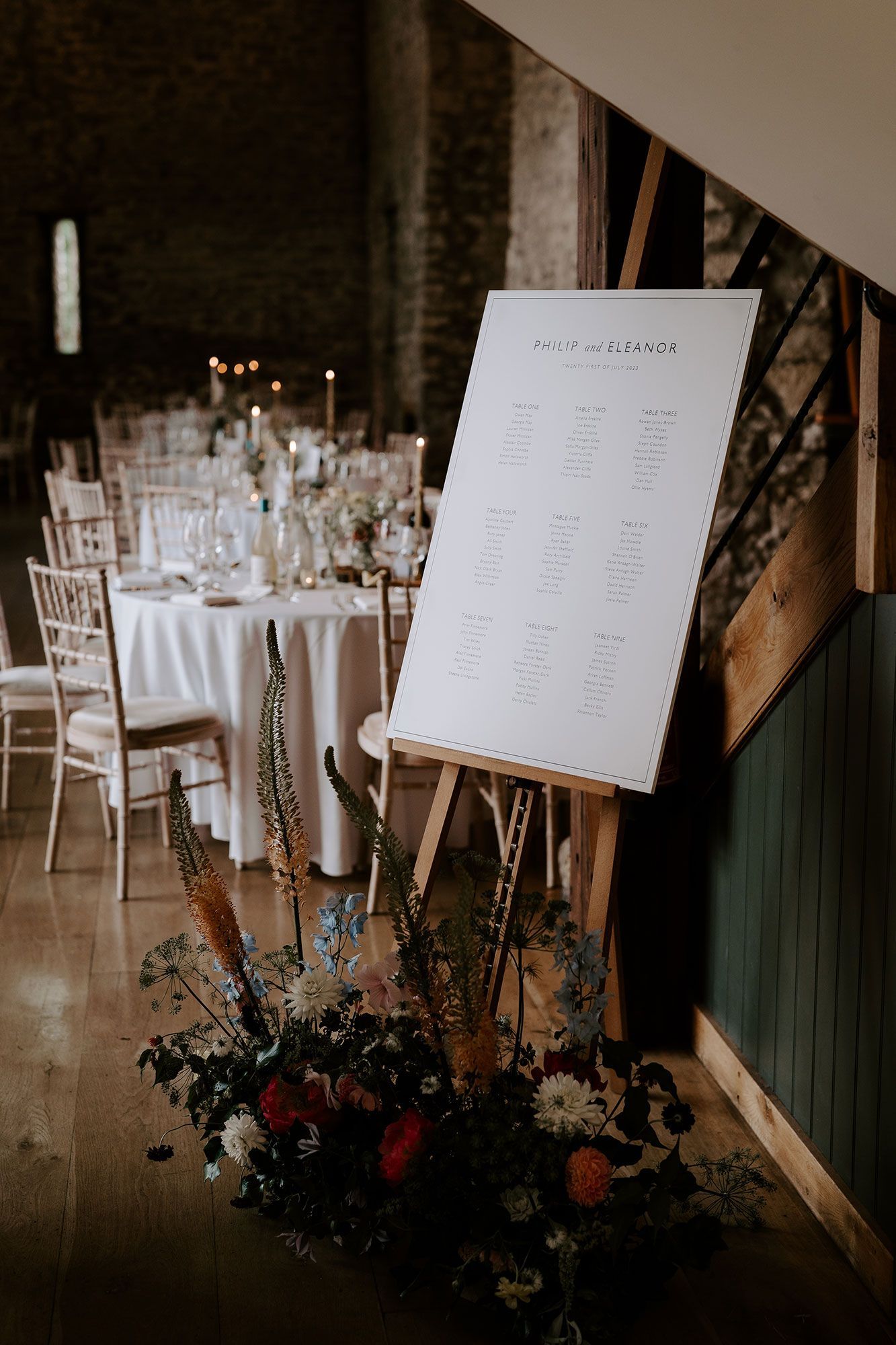 A white board is sitting on a wooden easel in front of a table set for a wedding reception.