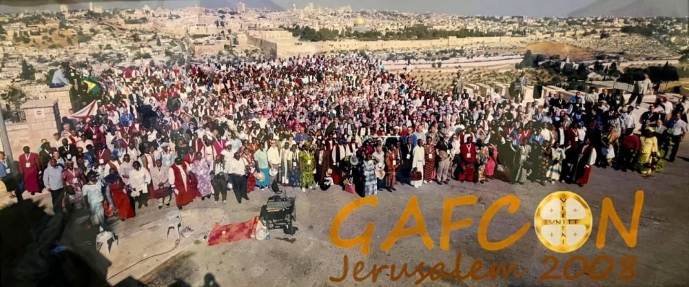A group photo of the participants in GAFCON 2008 on the Mount of Olives overlooking Jerusalem.
