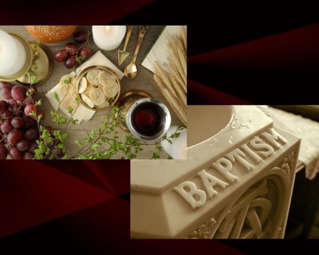 wine colored background with the Eucharist and Baptismal fount