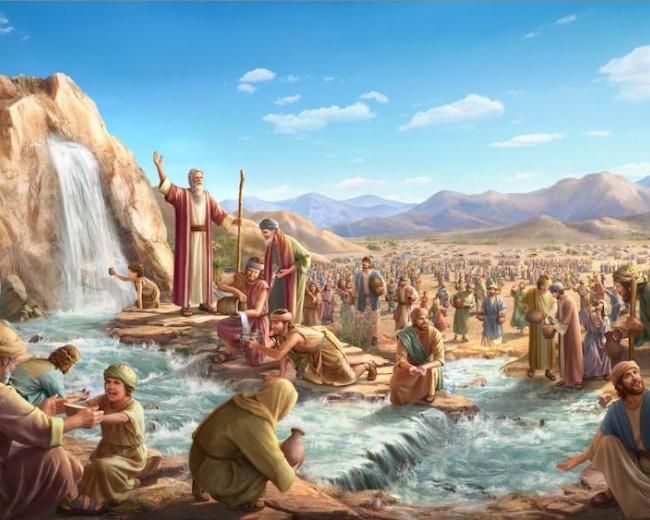 Moses Striking the Rock and water rushing from it surrounded by the people