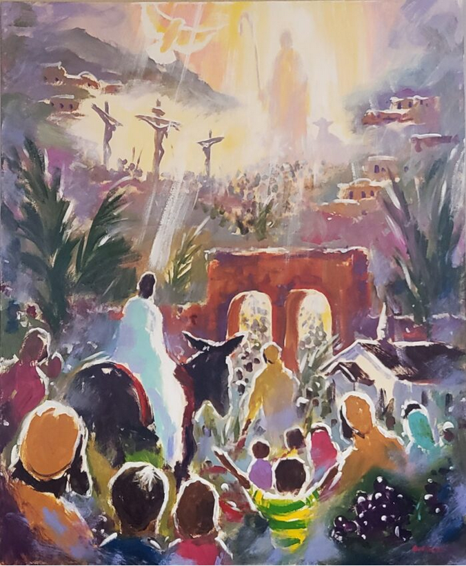 Painting of Jesus' triumphal entry into Jerusalem even as the crucifixion is foreshadowed in the background