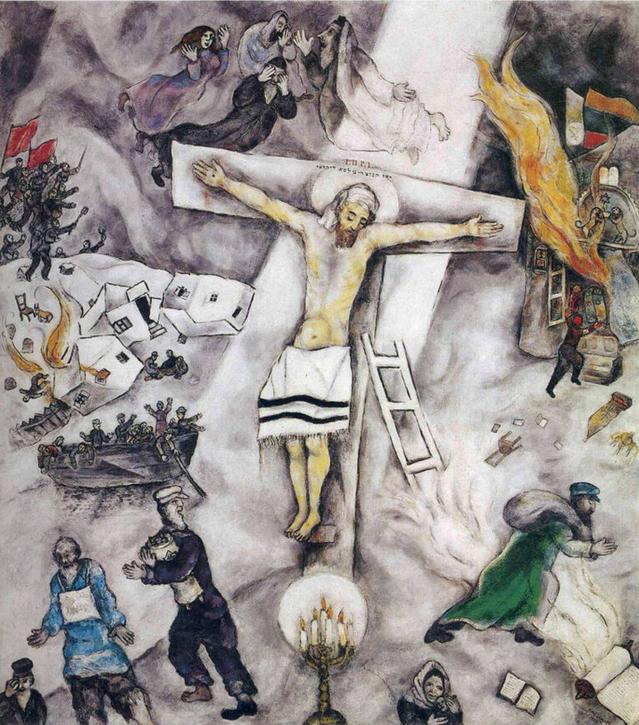 White Crucifixion by Marc Chagall shows a Jewish shtetl being attacked and burned as Jews flee for their lives and Jewish Jesus is crucified in the midst of the scene