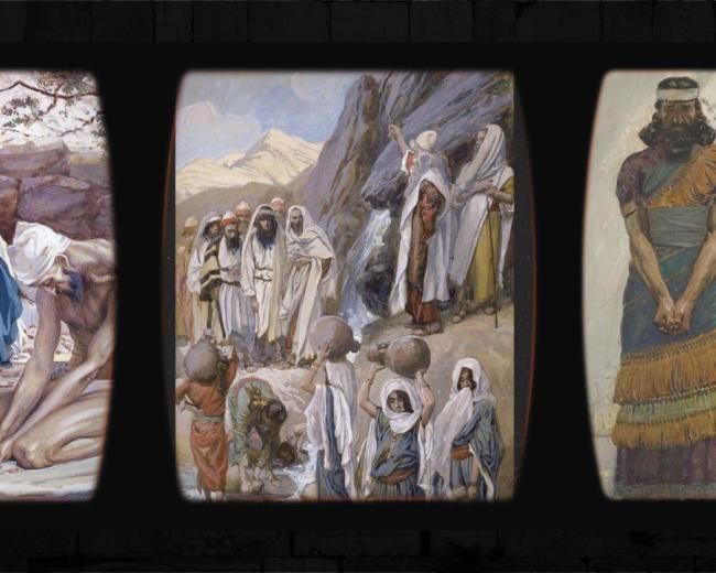 A film reel with Scripture scenes (Job, Moses in the wilderness, and the prophet Zephaniah) over a background of the wailing wall