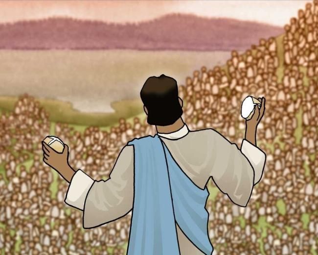 Jesus blesses bread for the multitude 