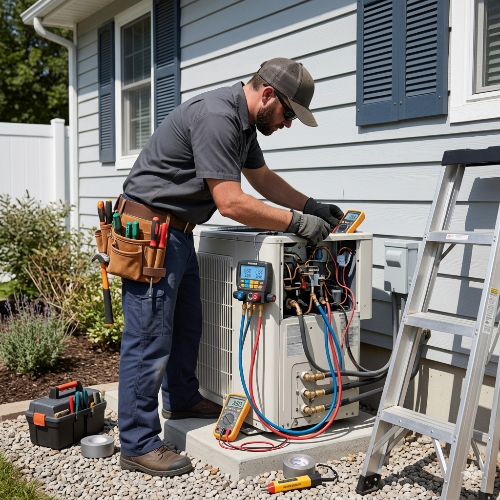 A professional technician works on the outdoor component of an air conditioning unit near a house, using testing tools.
