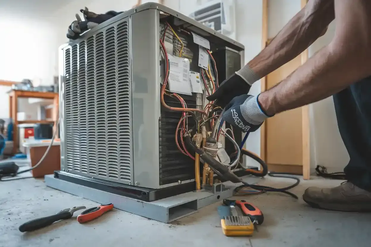 A technician in work gloves repairs the electrical wiring and components of an air conditioning unit on a floor.