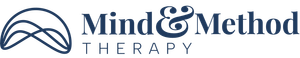 Mind & Method Therapy logo with blue mountain line art and text on white background
