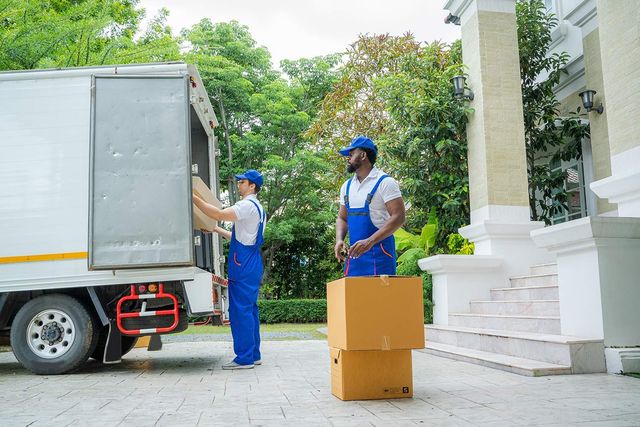 Workers unloading boxes from a delivery truck Two movers unload boxes from a truck outside a building.