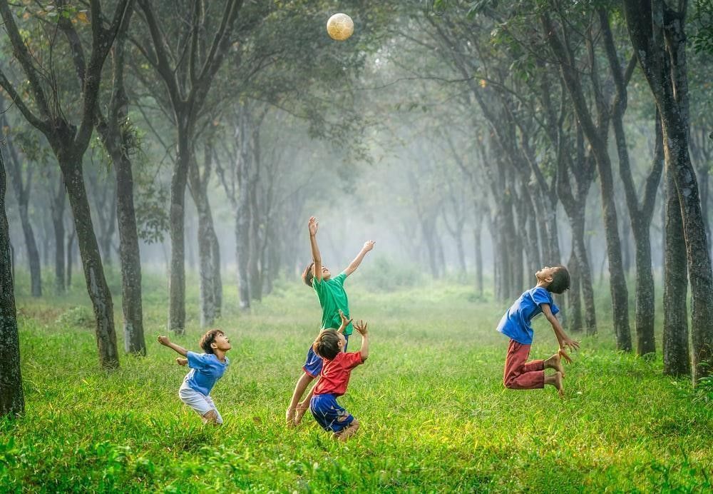 A group of children are playing with a ball in a forest.