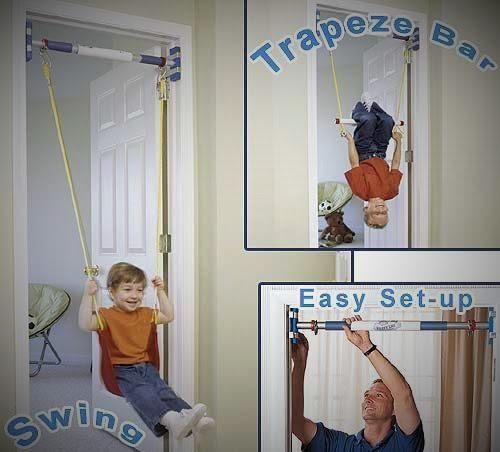 A child is sitting on a swing in a doorway.