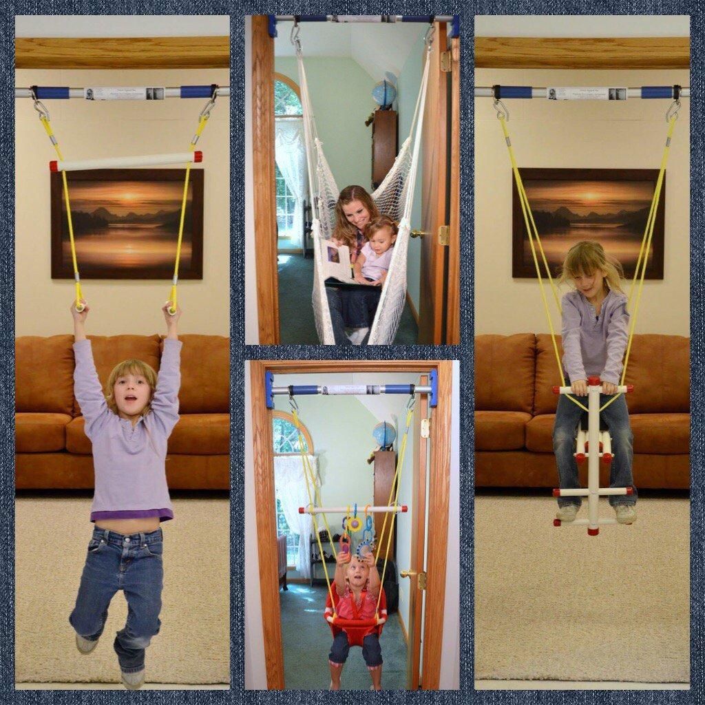 A collage of children playing with swings in a living room