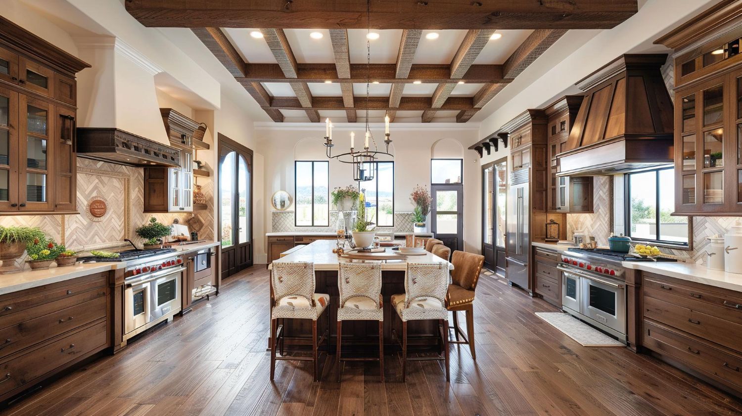 Spacious kitchen with wood cabinets, island seating, and exposed ceiling beams.