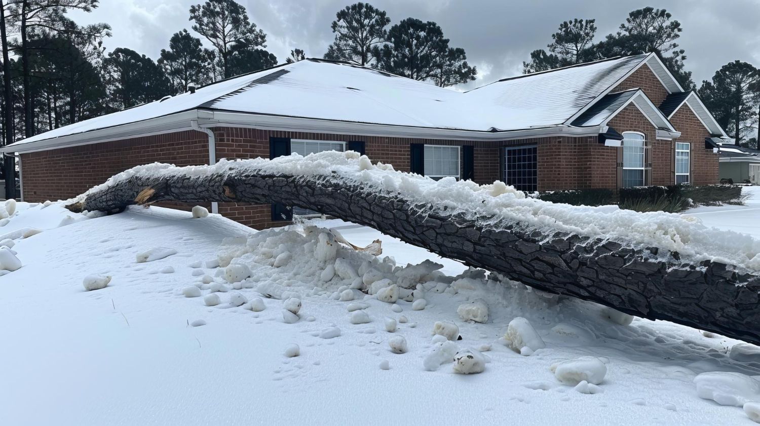 Fallen snow-covered tree in front of a brick house with a snow-covered roof.