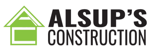 A logo for alsup 's construction with a green house on a white background.