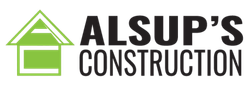 A logo for alsup 's construction with a green house on a white background.