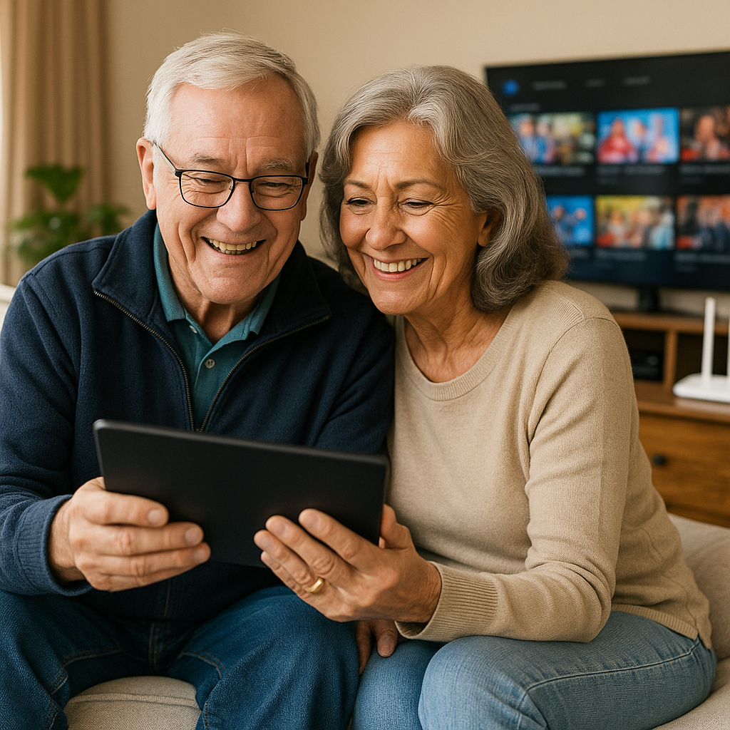 A smiling senior couple in Zephyrhills using a tablet and smart TV with fast home internet.