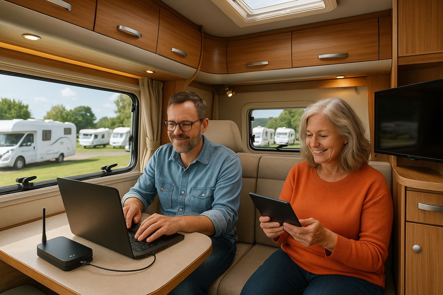 “A cozy RV parked in a Zephyrhills RV park with a couple using a laptop and tablet connected to mobi