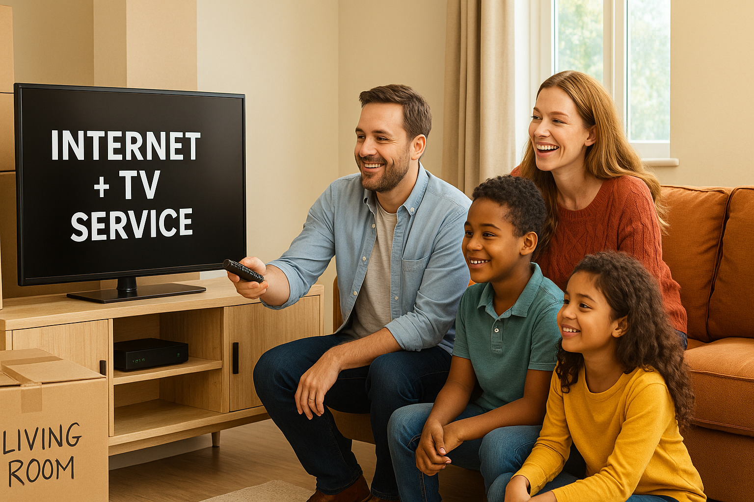A smiling family in Zephyrhills setting up new internet and TV service after moving into their home.