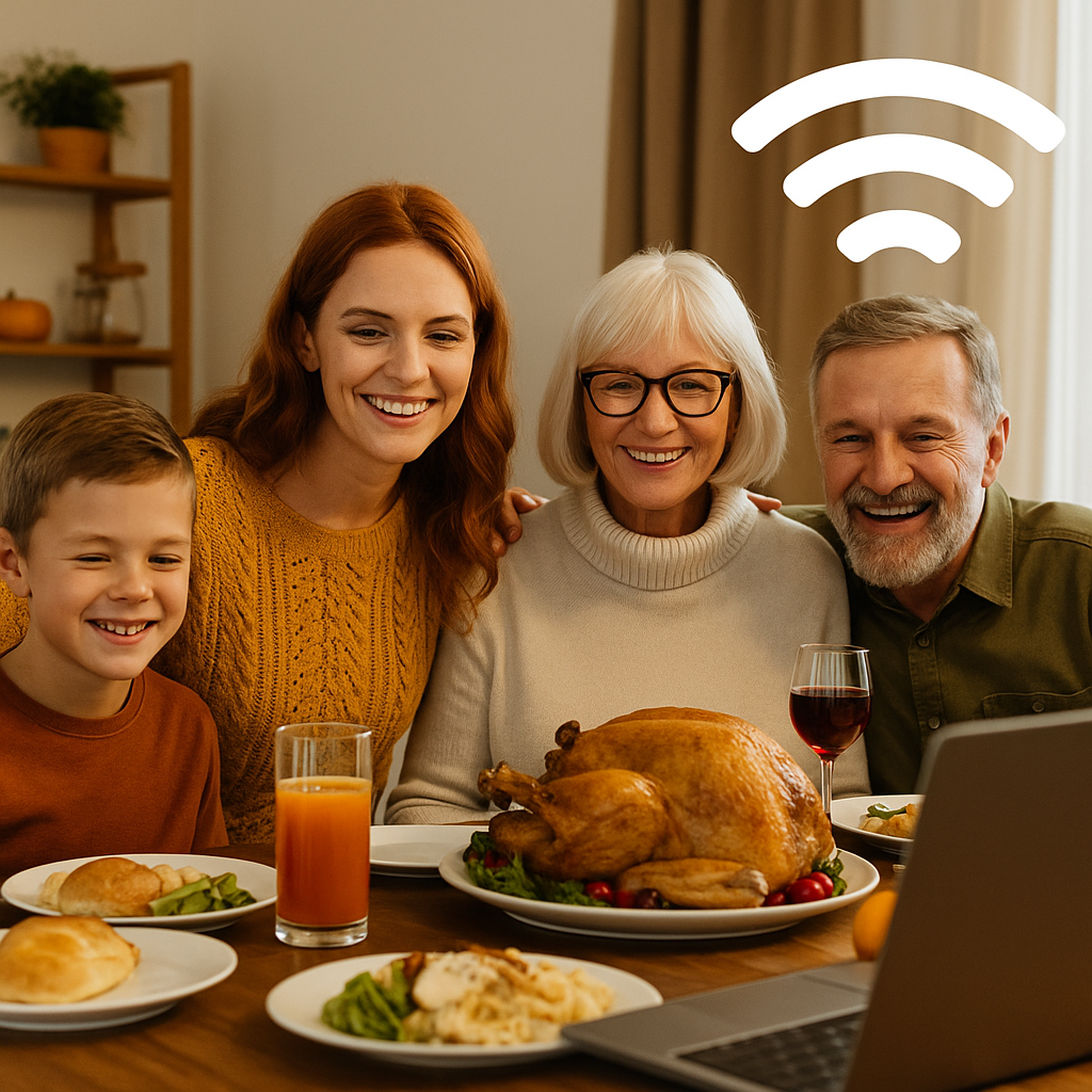 Family gathered around a turkey using laptop for video call on Thanksgiving