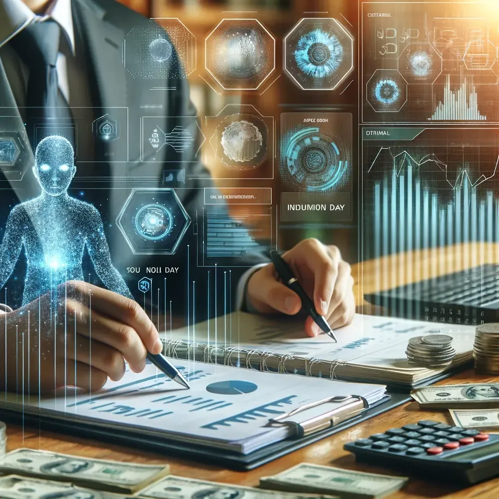 A financial analyst using AI tools for risk management and fraud detection, displaying data analytics on a dashboard.
