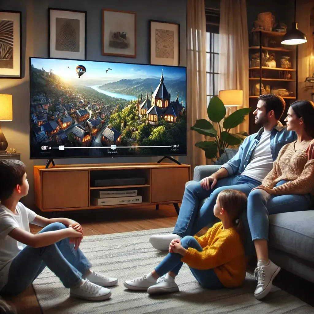 A family enjoying a movie night with their newly installed smart TV in a cozy living room. The scene includes parents and two children, comfortably seated on a sofa, focused on a large smart TV screen displaying a family-friendly movie.