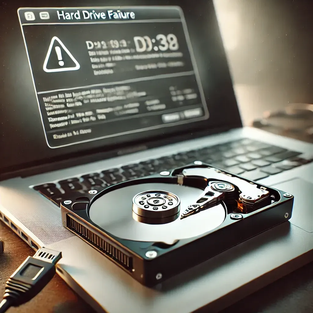 Close-up of a failed hard drive with warning signs on a diagnostic screen