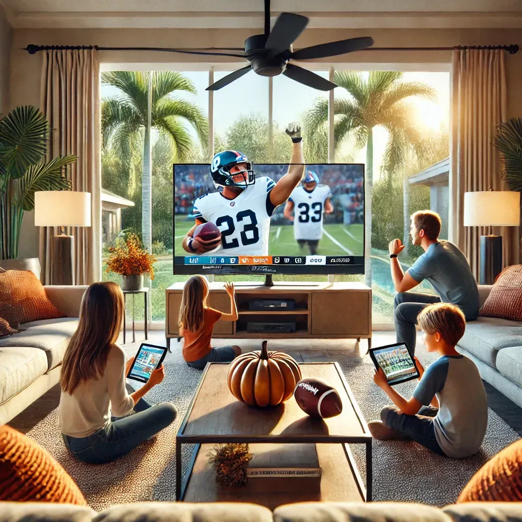 A Zephyrhills family watching football together on a big-screen TV while using laptops and phones on