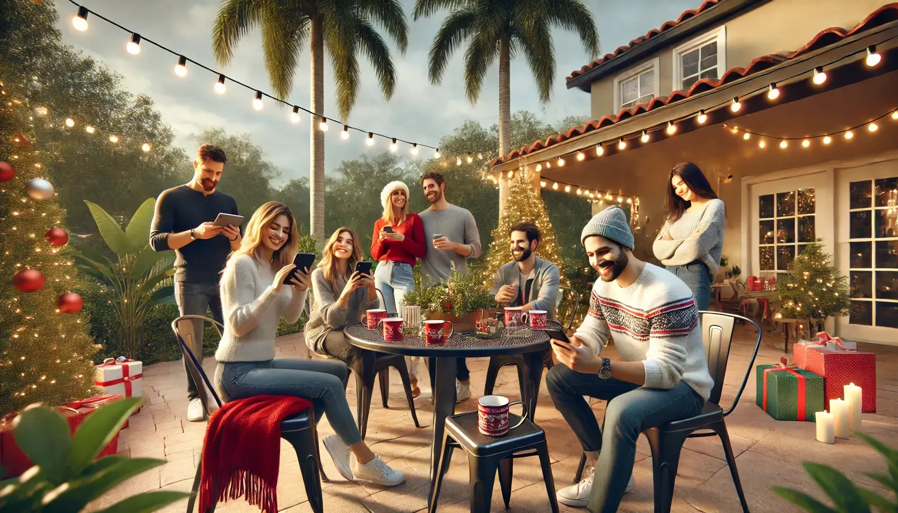 A Florida family sitting outdoors in Zephyrhills using mobile devices together in warm winter sunlig