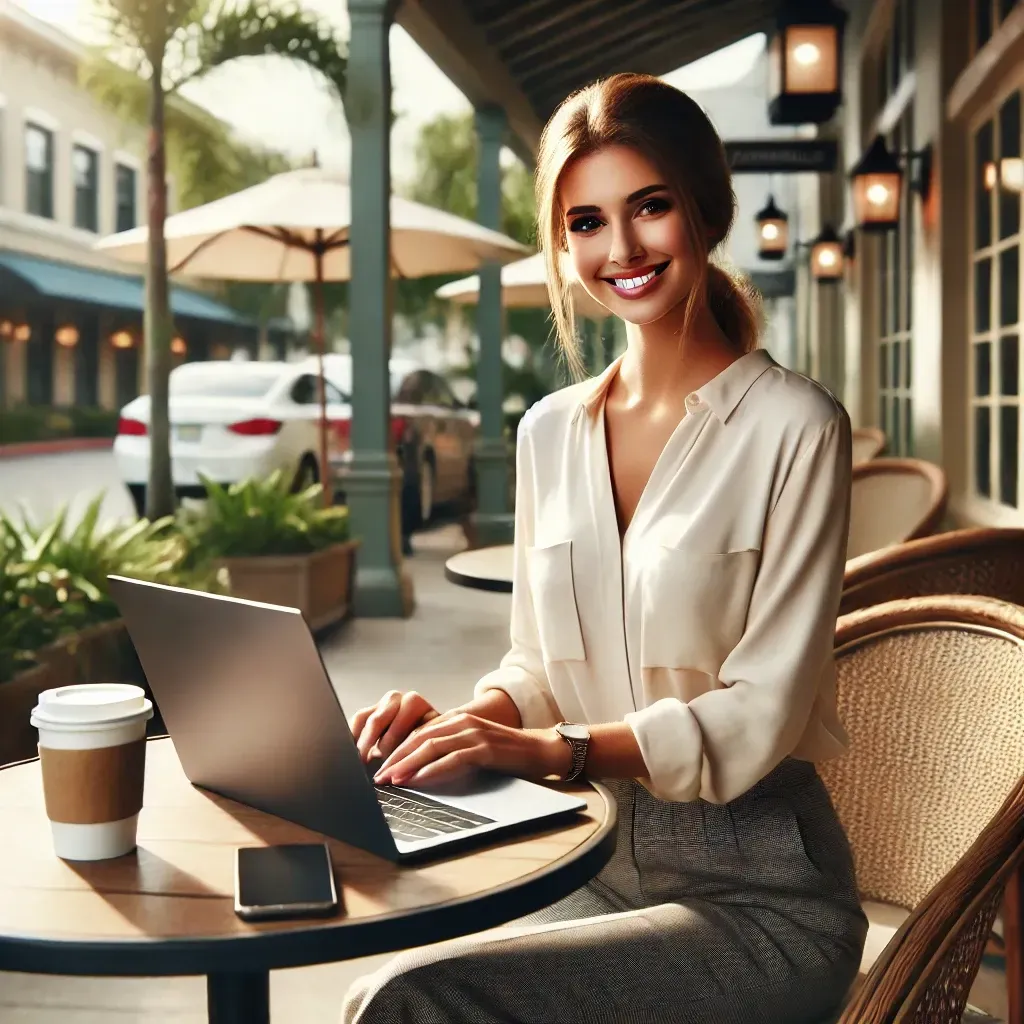 A rural Dade City resident standing outside a shop using a tablet with visible wireless internet equipment nearby