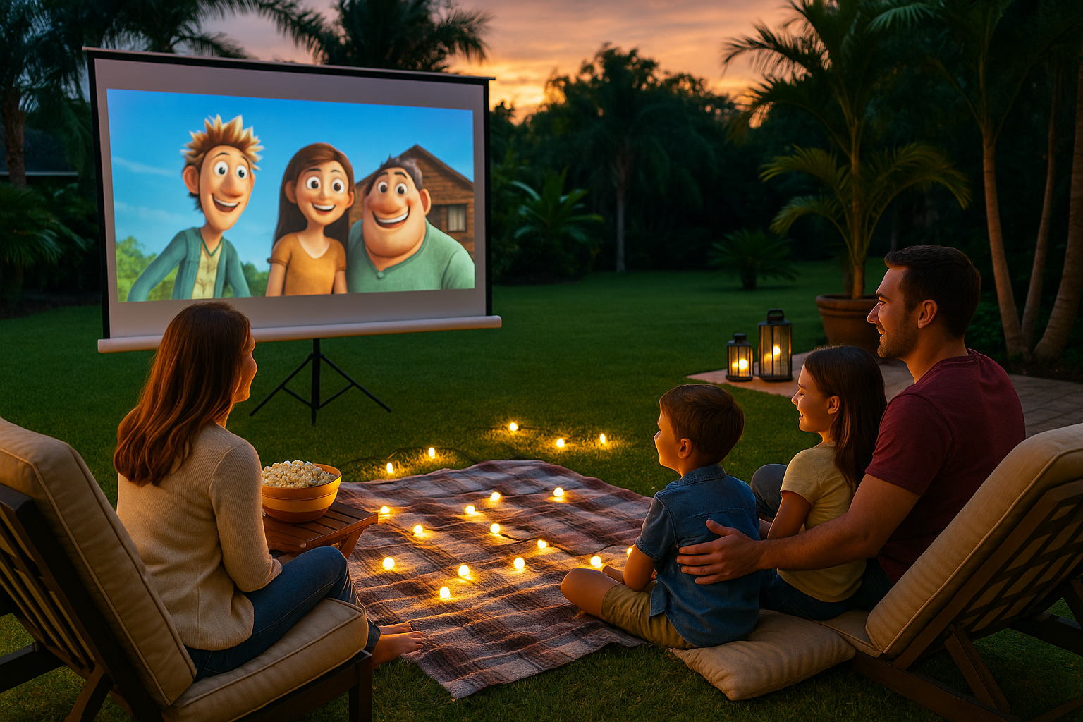 A Zephyrhills family enjoying a backyard movie night with fast internet and a large screen setup