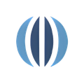 Blue and navy globe-like icon with vertical stripes.