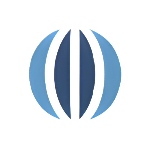 Blue and navy globe-like icon with vertical stripes.