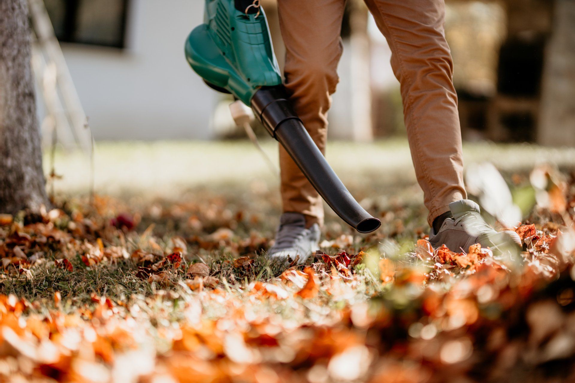 A man blowing leafs