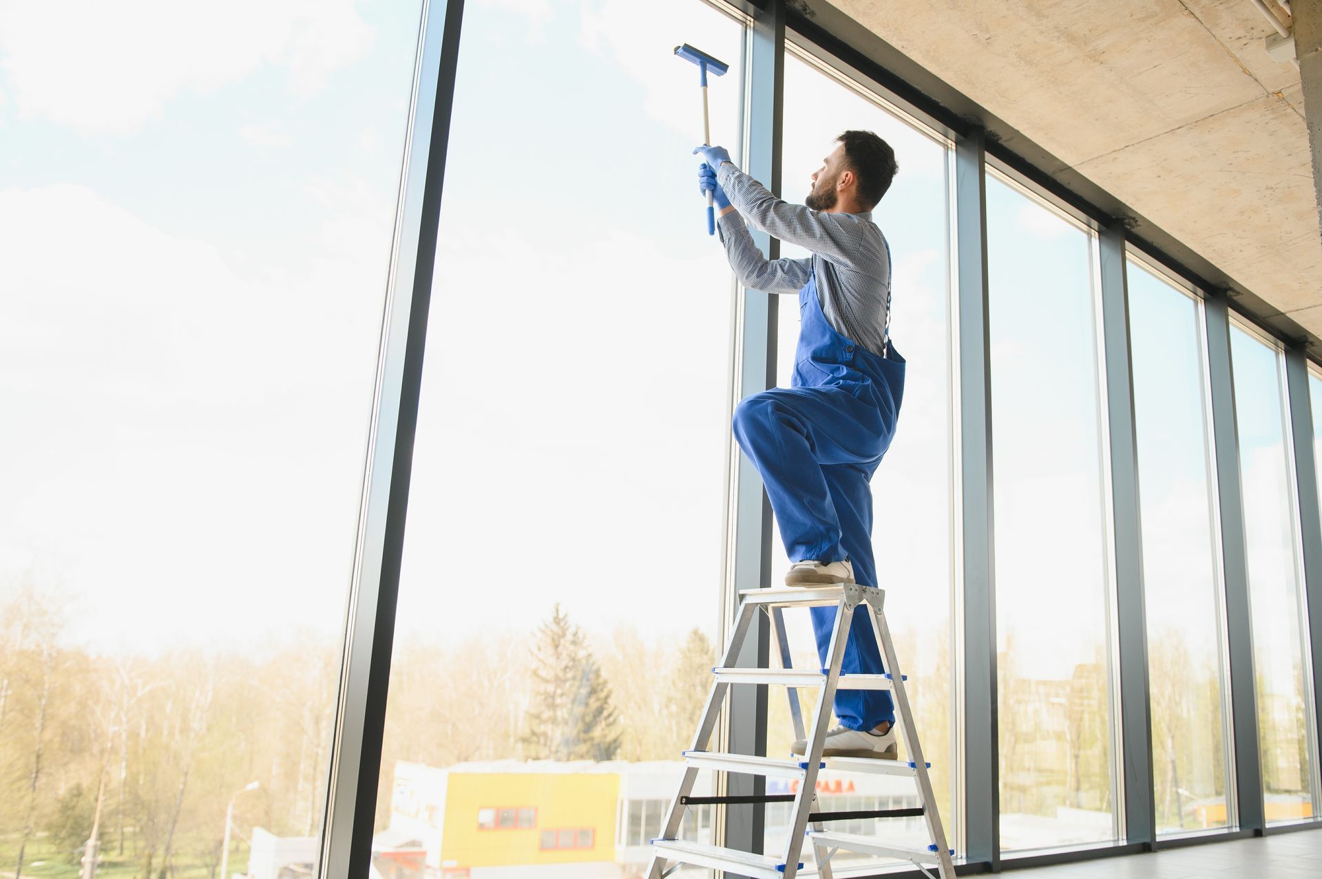 A man cleaning a window in an office. A man cleaning a window in an office.