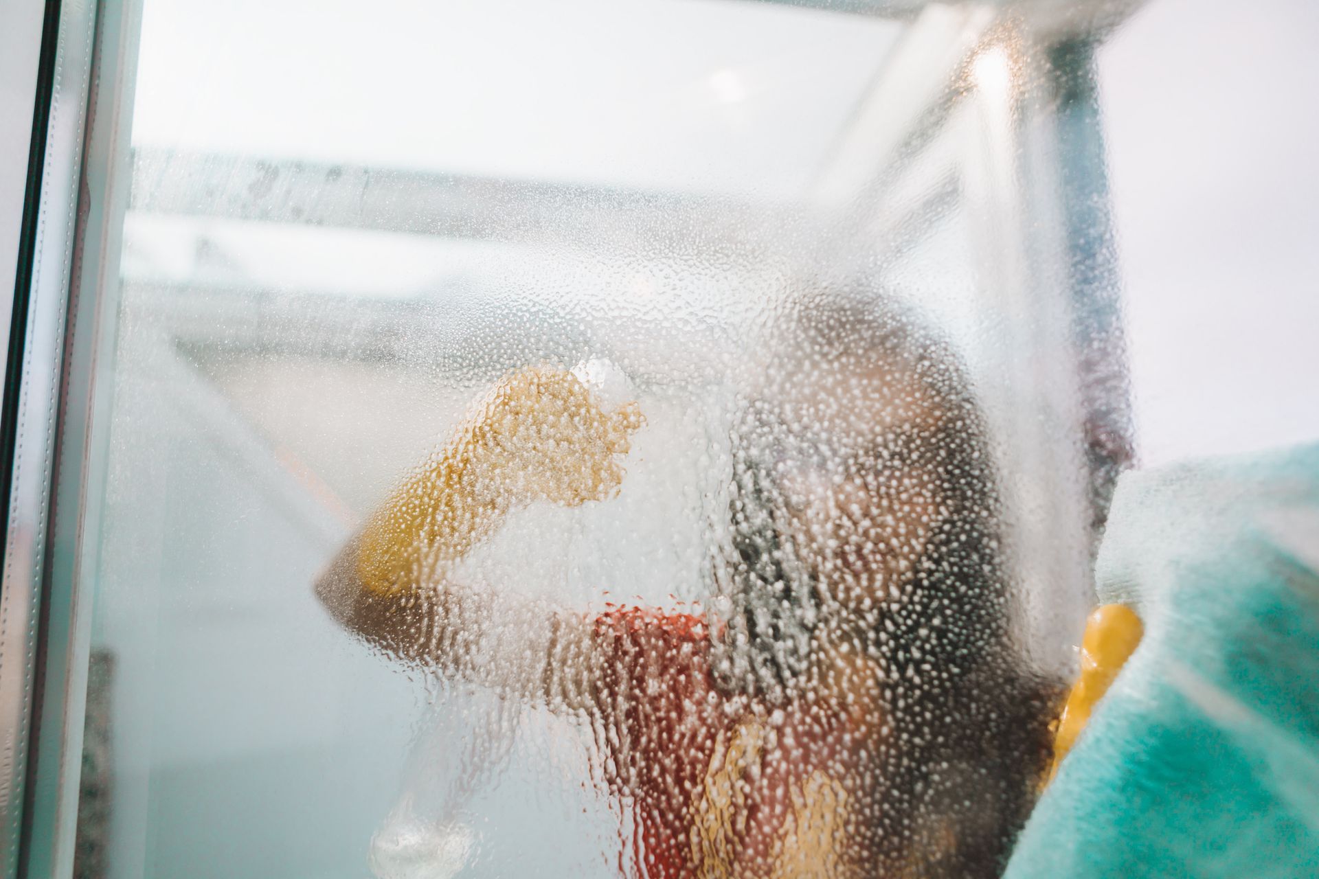 Person sprays cleaning solution on a glass window, seen through water droplets on the surface.
