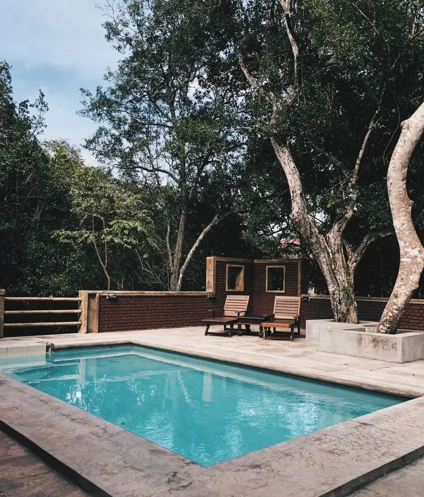 Swimming Pool With Lounge Chairs, Surrounded by Trees and Brick Walls — Tru Blu Pools & Spas in Bluewater, QLD