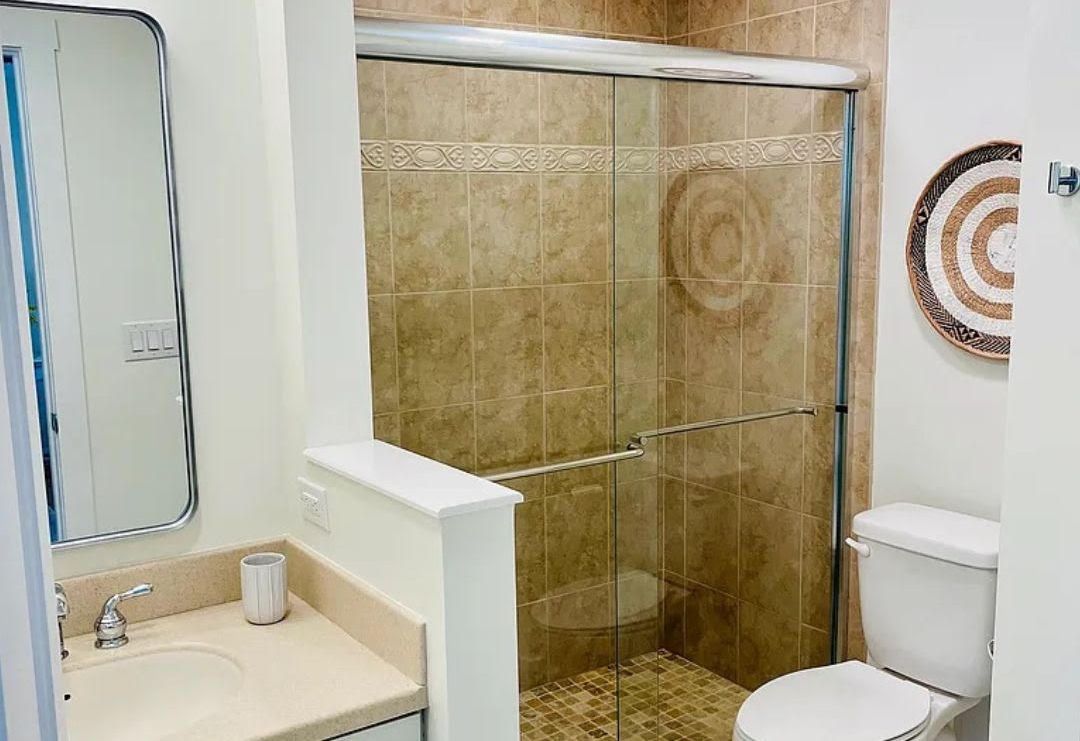 A bathroom with a toilet , sink , mirror and walk in shower.