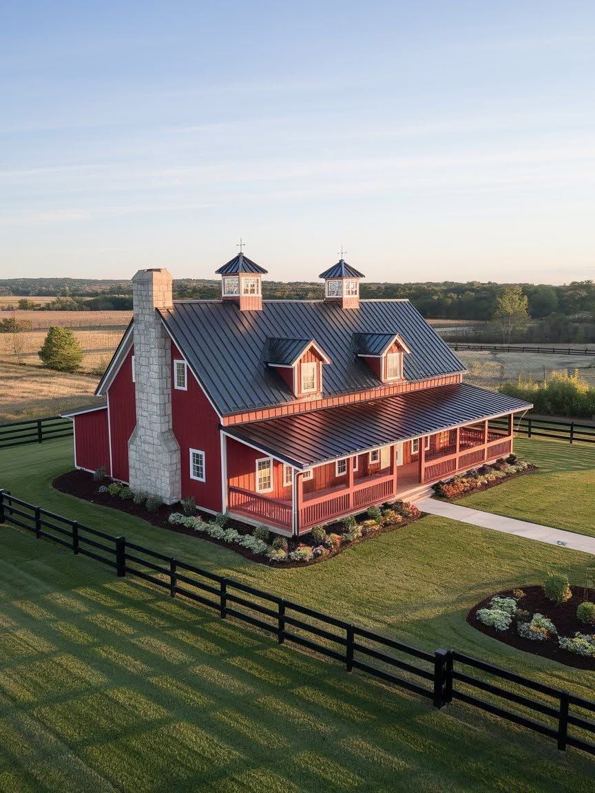 An aerial view of a red barn with a black fence around it.