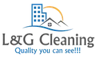 Logo for L&G Cleaning, with a building and house graphic, a rising sun, and text 