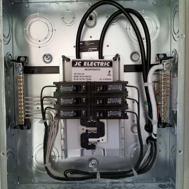 The inside of a jc electric box with wires coming out of it
