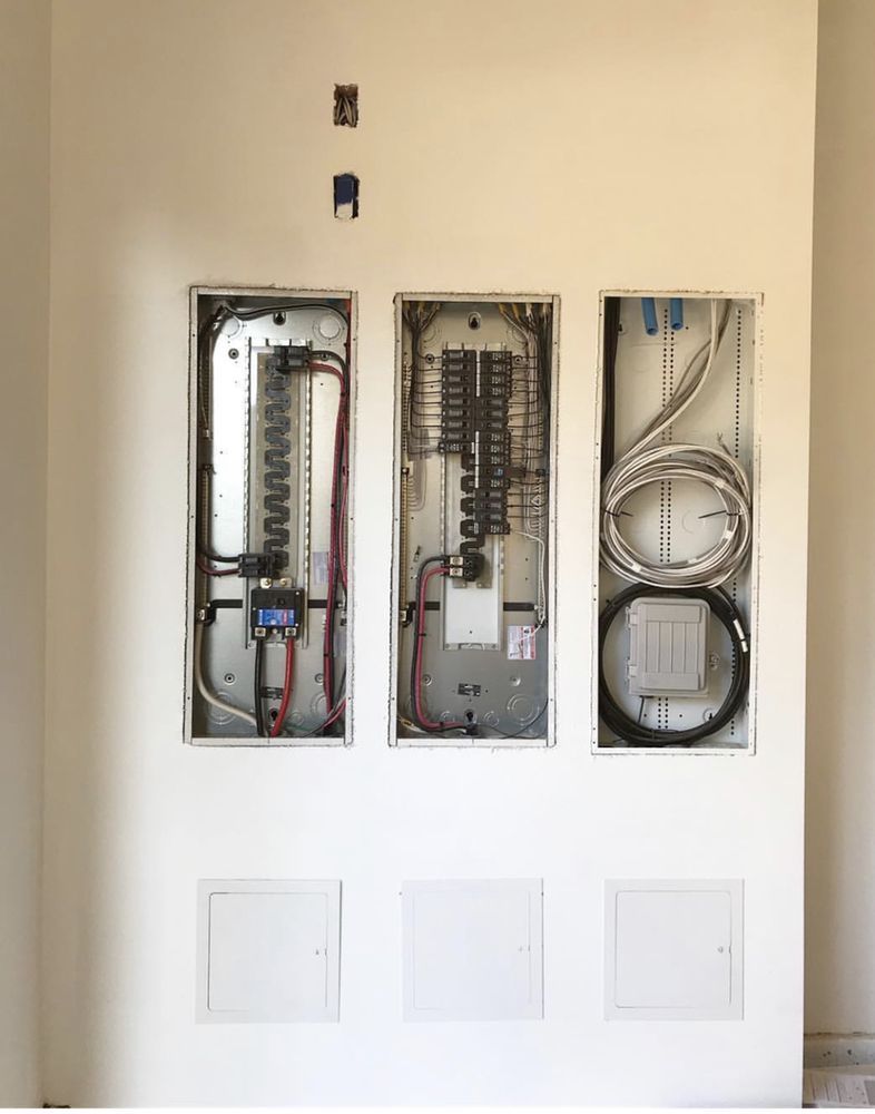 A white wall with three electrical boxes on it.