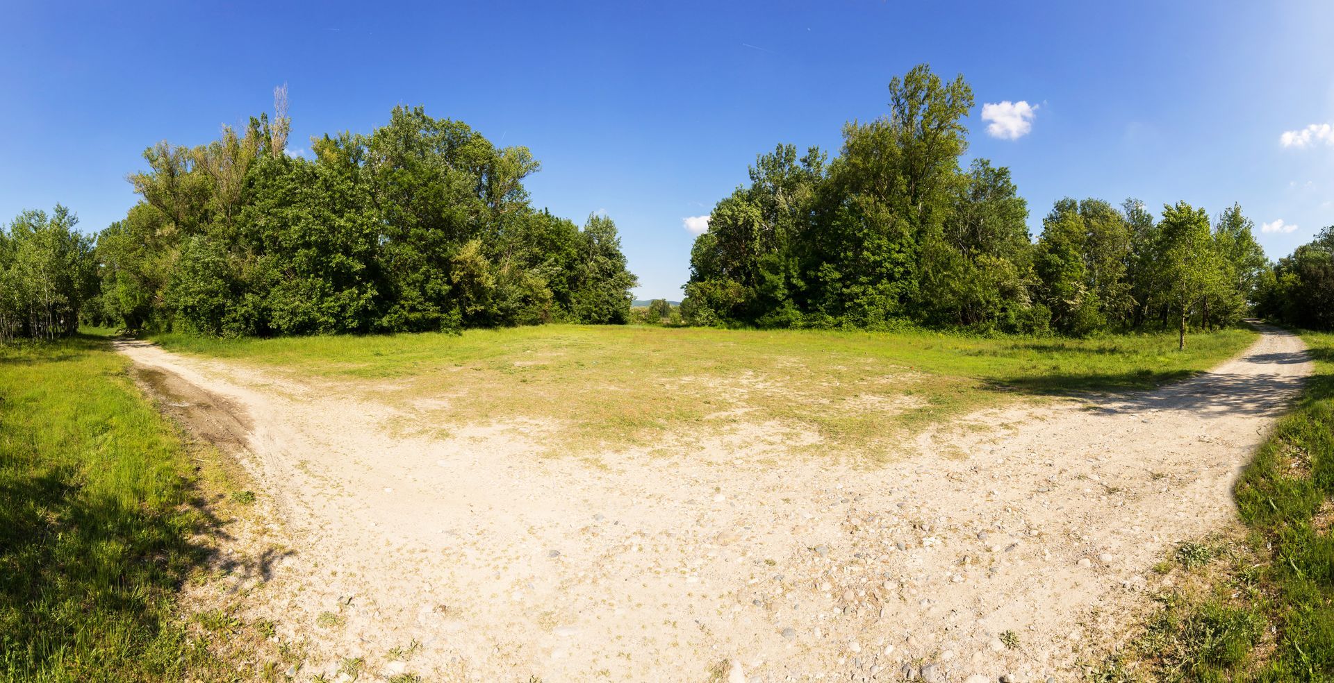 A dirt road going through a grassy field with trees in the background.