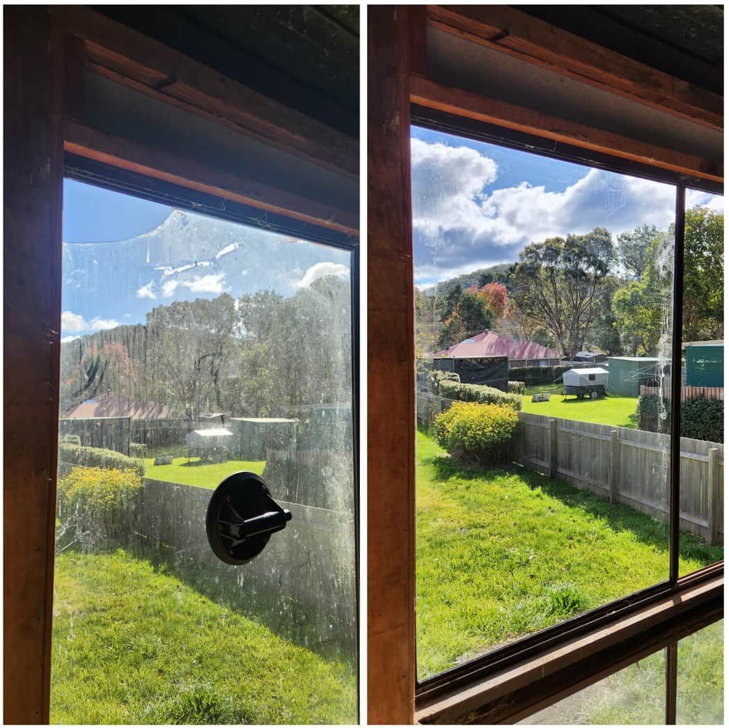 A Before and After Picture of a Window With a Suction Cup on It — Moss Vale Glass In Bundanoon, NSW