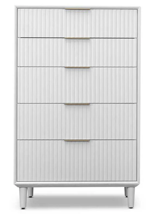 A white chest of drawers with brass handles on a white background.