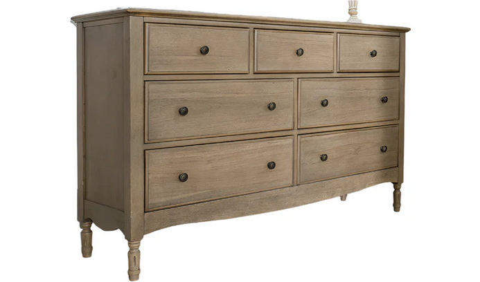 A wooden dresser with six drawers on a white background.