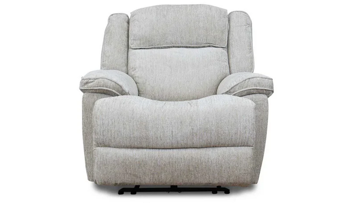 A grey recliner is sitting on a white background.