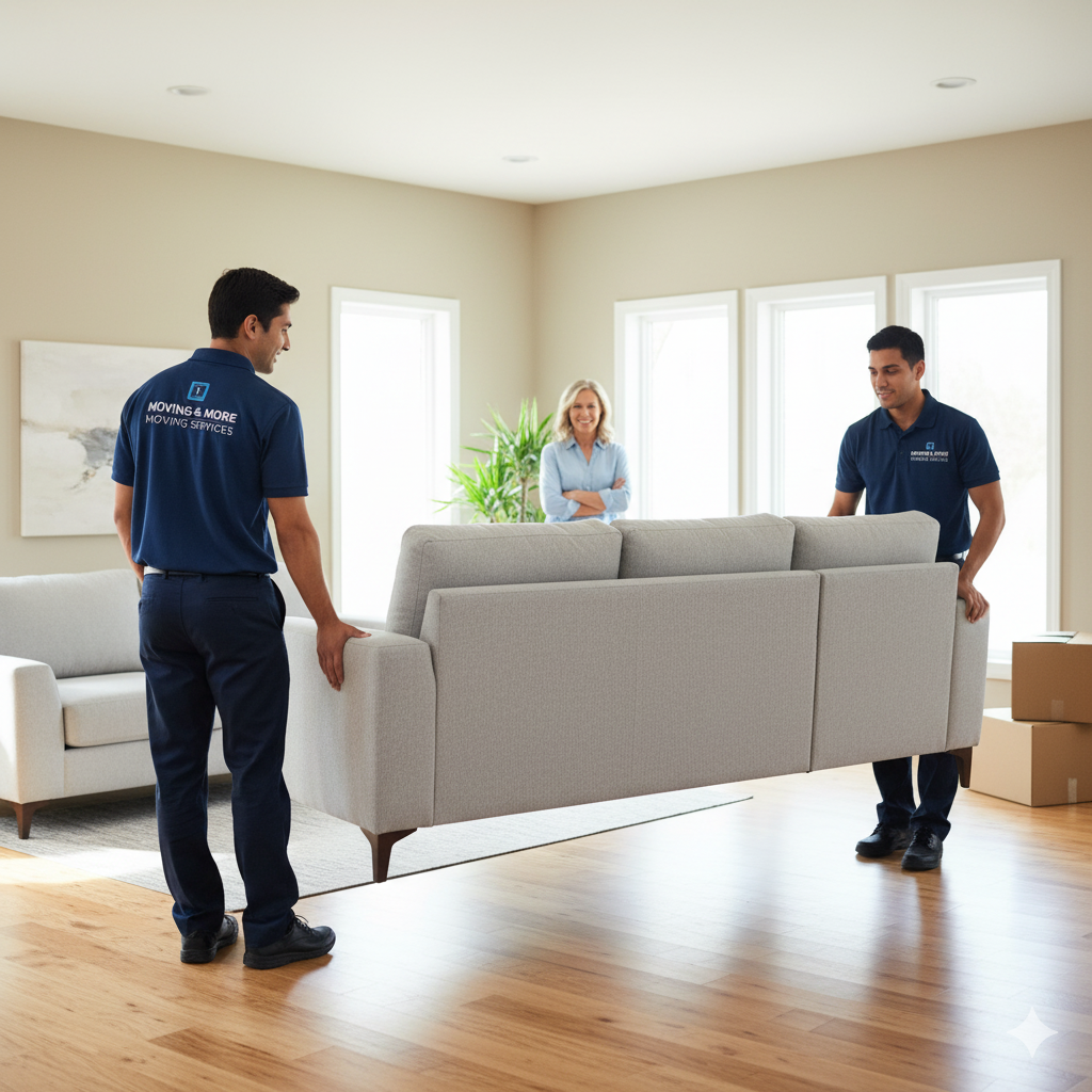 Two movers carry a light gray sofa into a living room as a woman watches.