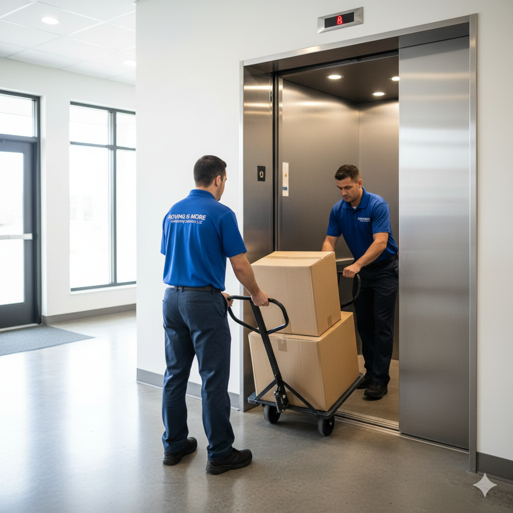Two men in blue uniforms loading boxes onto a commercial elevator.