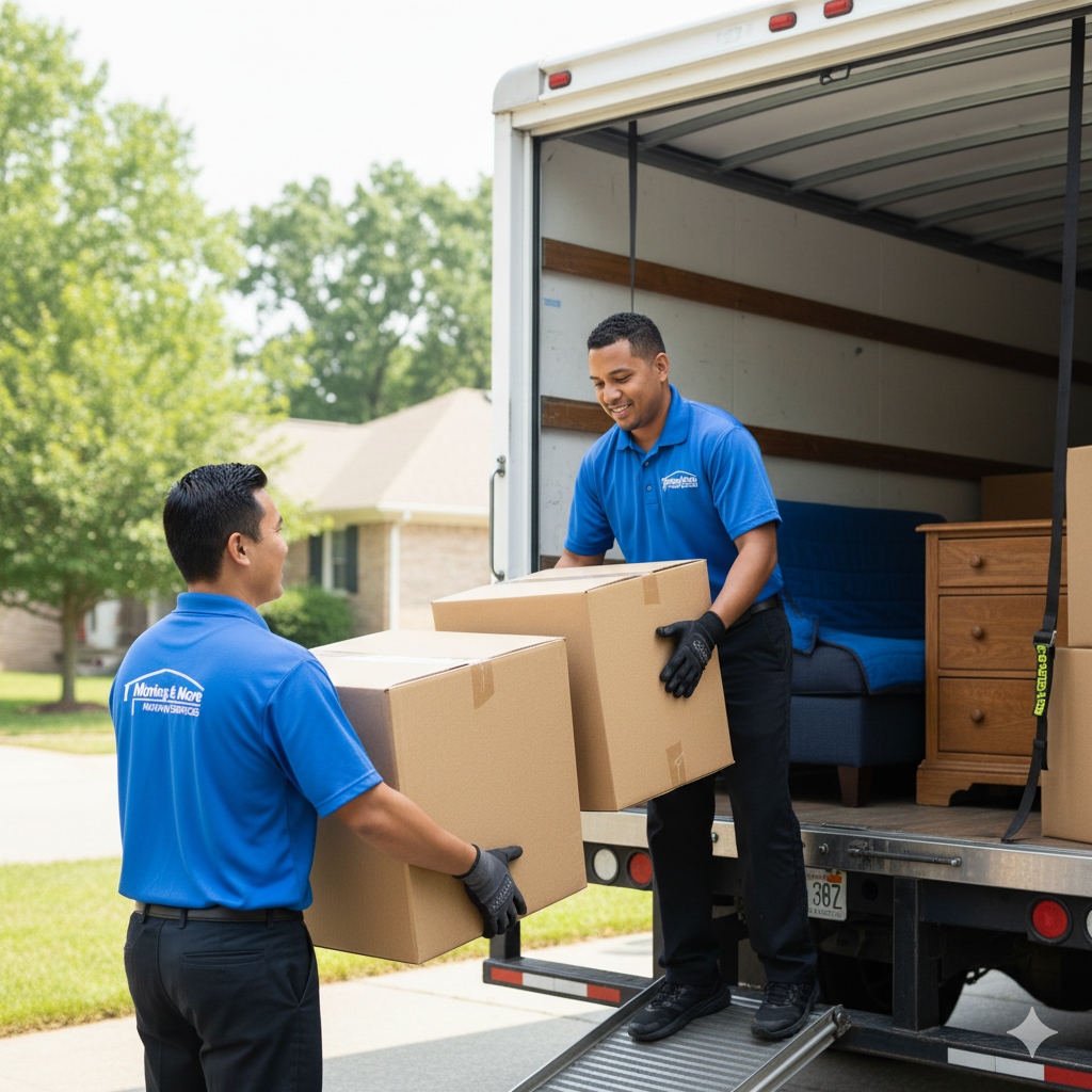 Two men in blue shirts loading cardboard boxes into a moving truck outside a house.
