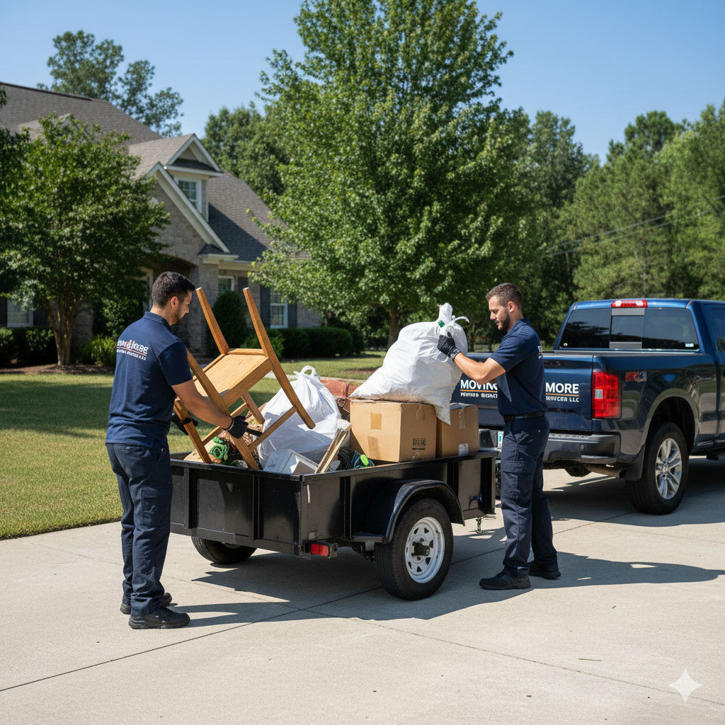 Two men loading a trailer with trash. Outdoors, sunny day. One man holds a chair, the other bags. Blue truck.